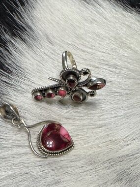 Sterling Silver and Red Dahlia Pendant and  Ring Size 8